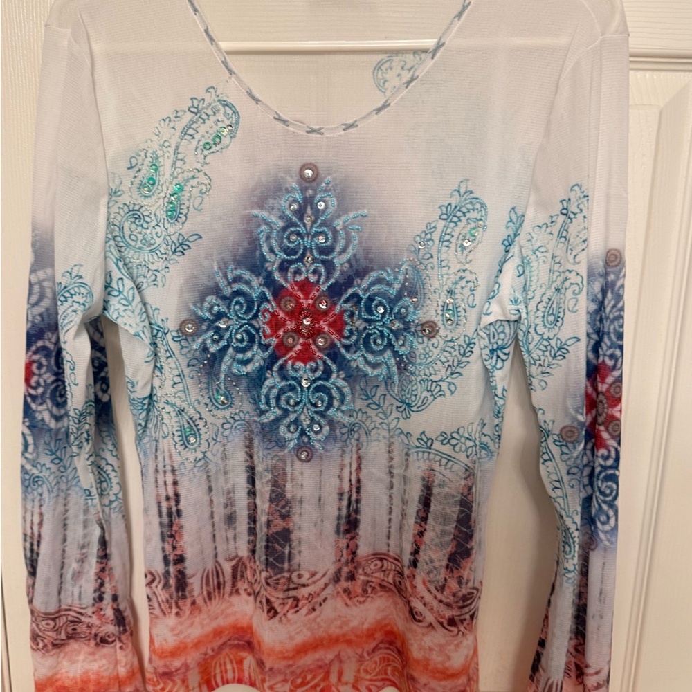 Vintage Elegant Multicolor Bohemian Women's Sheer Beaded Top